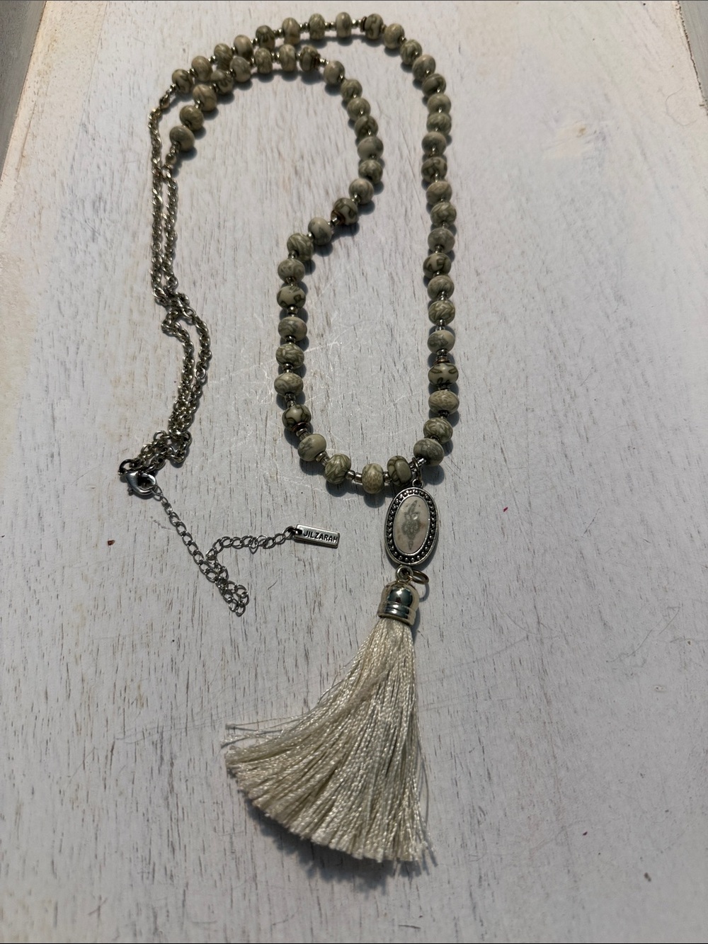 Jilzarah long bohemian style tassel necklace silver tone light gray & cream